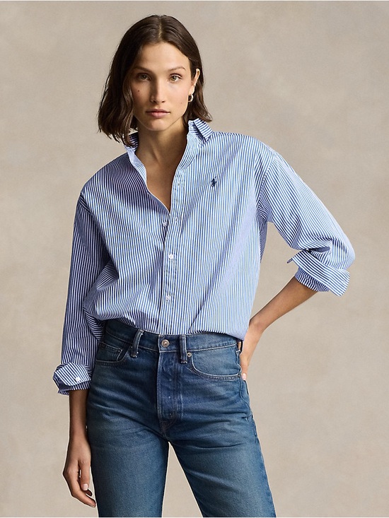 Ralph Lauren Dresses & Skirts - Ralph Lauren White and Blue Vertical Stripe Cotton Button-Down Shirt